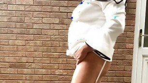 amateur crossdresser Kellycd2022 sexy milf peeing in her little white panties in stockings and heels masturbating her sissy cock