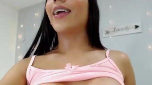 T-girl with braces jerks her sexy cock