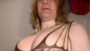 Heelboy enjoying huge new boobs and an anal plug