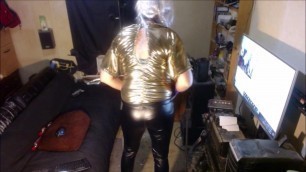 Tranny in gold bodysuit and black latex pants!