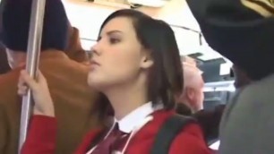 Young Brunette cheerleader fingered and fondled on public transportation